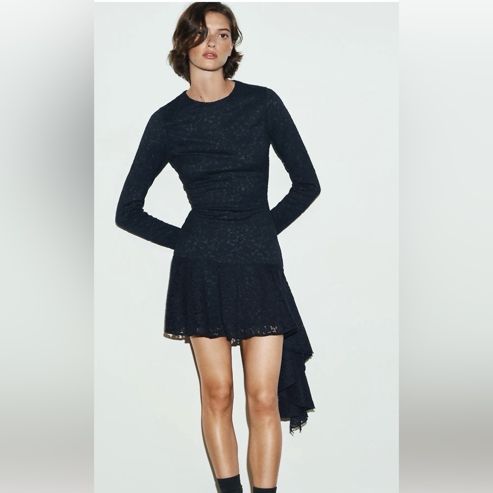 Zara Navy Lace Dress with Asymmetrical Hem